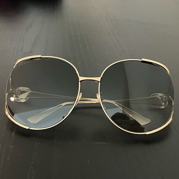 GUCCI GG 0225s 001 Oversized Round Gold Grey Sunglasses - Picture 6 of 11